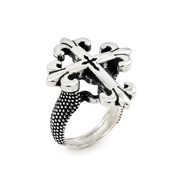 .925 Sterling Silver Twisted Blade Silver Fleur De Lis Cross Ring, <b>size: 7</b>