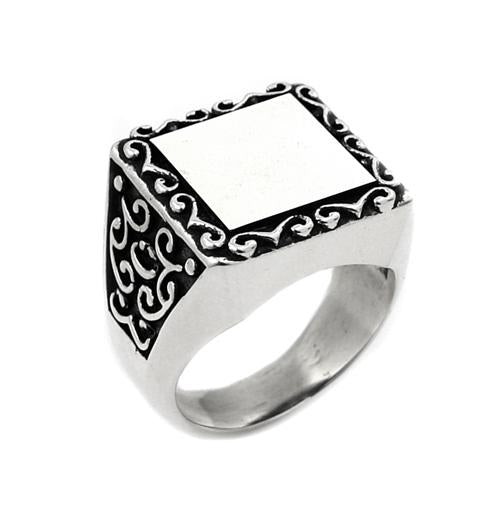 .925 Sterling Silver Twisted Blade Square Engravable Intricate Swirl Pattern Ring, <b>size: 9</b>