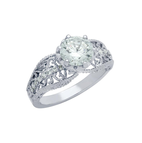 .925 Sterling Silver Rhodium Plated Round Cz Beaded Detail See Through Engagement Ring, <b>size: 5</b>