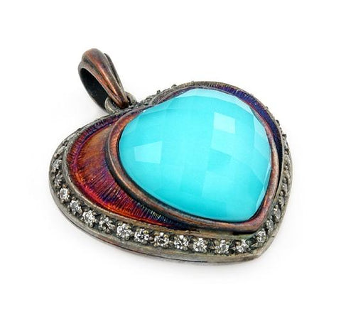 .925 Sterling Silver Signature Authentico Turquoise Heart Faceted Demiquartz Doublet Pendant With Copper And Signity Cz