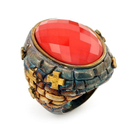 .925 Sterling Silver Signature Authentico Red Quartz Faceted Demiquartz Doublet Ring With Brass Accents, <b>size: 6</b>