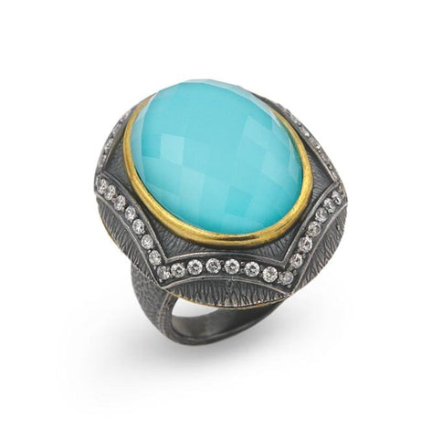 .925 Sterling Silver Signature Authentico Turquoise Oval Faceted Demiquartz Doublet Ring With Signity Cz Accents, <b>size: 6</b>