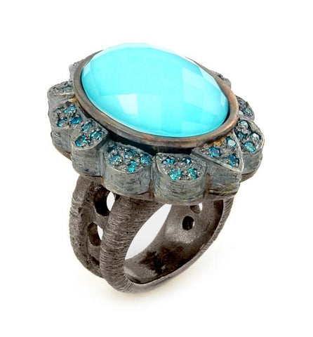 .925 Sterling Silver Signature Authentico Turquoise Oval Faceted Demiquartz Doublet Ring With Copper Brass And Signity Cz, <b>size: 6</b>