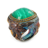 .925 Sterling Silver Signature Authentico Malachite Square Faceted Demiquartz Doublet Ring With Brass And Signity Cz, <b>size: 6</b>