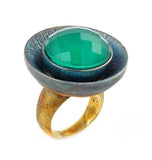 .925 Sterling Silver Signature Authentico Green Agate Round Faceted Demiquartz Doublet Ring With Brass Accent, <b>size: 6</b>