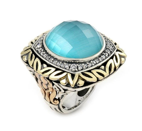 .925 Sterling Silver Signature Authentico Light Blue Opal Demiquartz Doublet Square Ring With Copper Brass And Signity Cz, <b>size: 6</b>