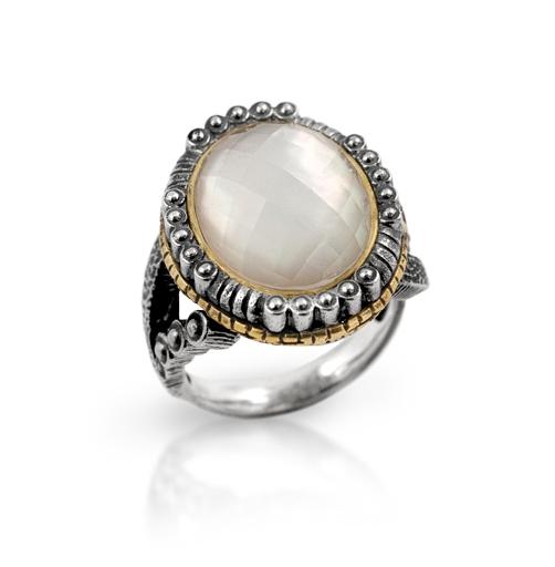 .925 Sterling Silver Signature Authentico Mother Of Pearl Faceted Oval Ring, <b>size: 6</b>