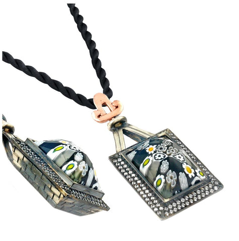 .925 Sterling Silver Signature Collection Faceted Blk-wht Murano Glass Rectangle Necklace W- Copper And Signity Cz 17"+2