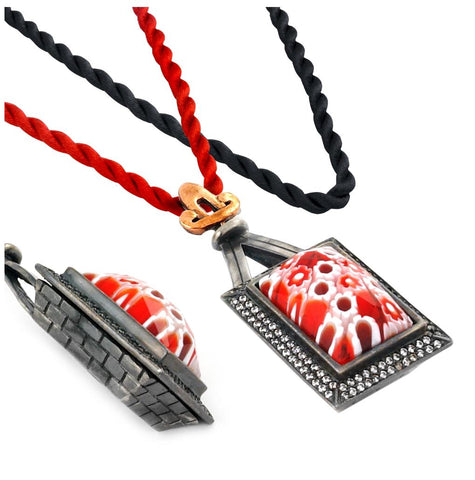 .925 Sterling Silver Signature Collection Faceted Red Murano Glass Rectangle Necklace W- Copper And Signity Czs 17"+2