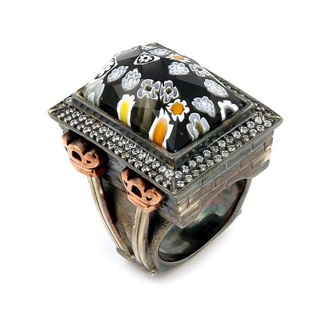 .925 Sterling Silver Signature Collection Faceted Blk/wht Murano Glass Rectangle Ring W/ Copper And Signity Cz Accents, <b>size: 6</b>