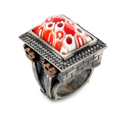 .925 Sterling Silver Signature Collection Faceted Red Murano Glass Rectangle Ring W/ Copper And Signity Cz Accents, <b>size: 6</b>