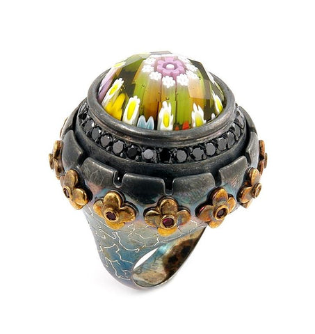 .925 Sterling Silver Signature Collection Faceted Mlt Murano Glass Round Ring With Brass And Signity Cz Accents, <b>size: 6</b>