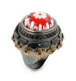 .925 Sterling Silver Signature Collection Faceted Red Murano Glass Round Ring With Brass And Signity Cz Accents, <b>size: 6</b>