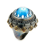 .925 Sterling Silver Signature Collection Faceted Blue Murano Glass Round Ring With Brass And Signity Cz Accents, <b>size: 6</b>