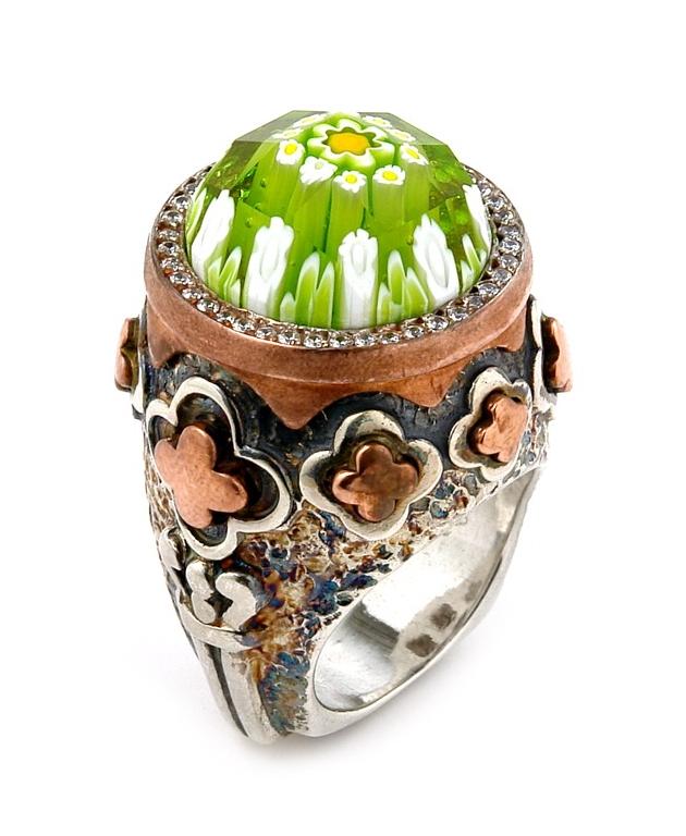 .925 Sterling Silver Signature Collection Faceted Green Murano Glass Round Ring With Copper And Signity Cz Accents, <b>size: 6</b>