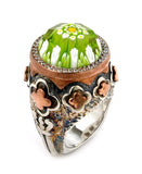 .925 Sterling Silver Signature Collection Faceted Green Murano Glass Round Ring With Copper And Signity Cz Accents, <b>size: 6</b>