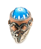 .925 Sterling Silver Signature Collection Faceted Light Blue Murano Glass Round Ring With Copper And Signity Cz Accents, <b>size: 7</b>