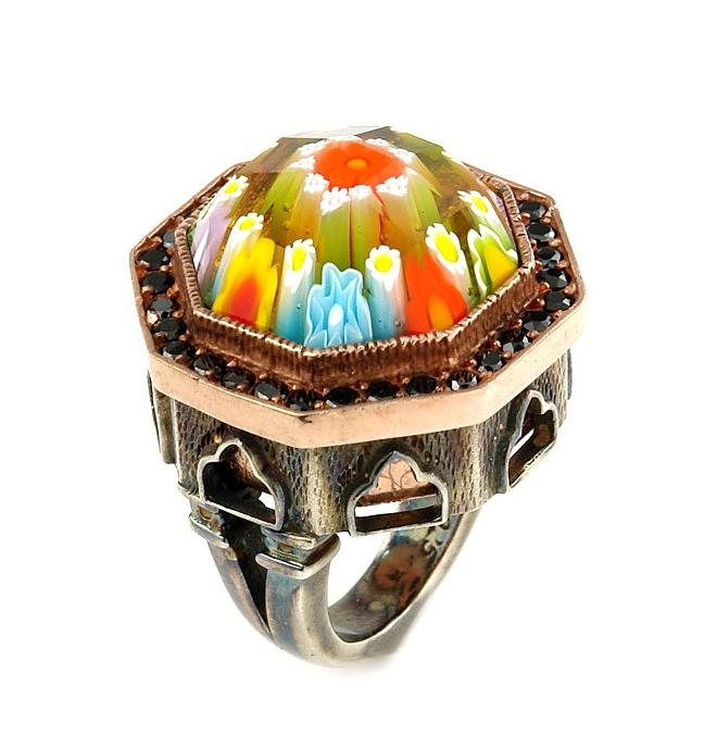 .925 Sterling Silver Signature Collection Faceted Mlt Murano Glass Octagon Ring With Copper And Signity Cz Accents, <b>size: 6</b>