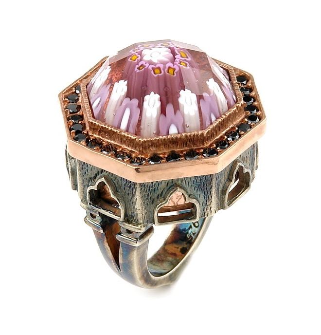 .925 Sterling Silver Signature Collection Faceted Pink Murano Glass Octagon Ring With Copper And Signity Cz Accents, <b>size: 6</b>