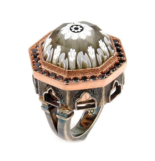 .925 Sterling Silver Signature Collection Faceted Blk/wht Murano Glass Octagon Ring With Copper And Signity Cz Accents, <b>size: 6</b>