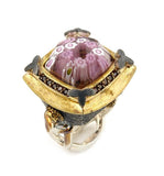 .925 Sterling Silver Signature Collection Faceted Pink Murano Glass Square Ring With Brass Signity Cz Accents, <b>size: 6</b>