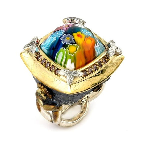 .925 Sterling Silver Signature Collection Faceted Multi Color Murano Glass Square Ring With Brass And Signity Cz Accents, <b>size: 6</b>