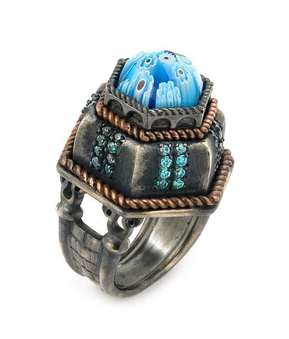 .925 Sterling Silver Signature Collection Faceted Blue Murano Glass Octagon Ring With Copper And Signity Cz Accents, <b>size: 6</b>