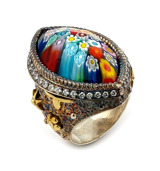 .925 Sterling Silver Signature Collection Faceted Multicolor Murano Glass Marquise Ring With Copper And Signity Cz Accent, <b>size: 6</b>