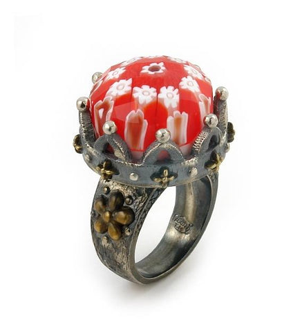 .925 Sterling Silver Signature Collection Faceted Red Murano Glass Round Ring With Copper And Signity Cz Accents, <b>size: 6</b>