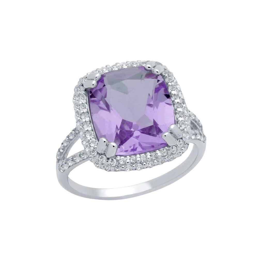 .925 Sterling Silver Checkerboard-cut Genuine Amethyst Split-shank Ring With White Topaz Double-halo, <b>size: 6</b>