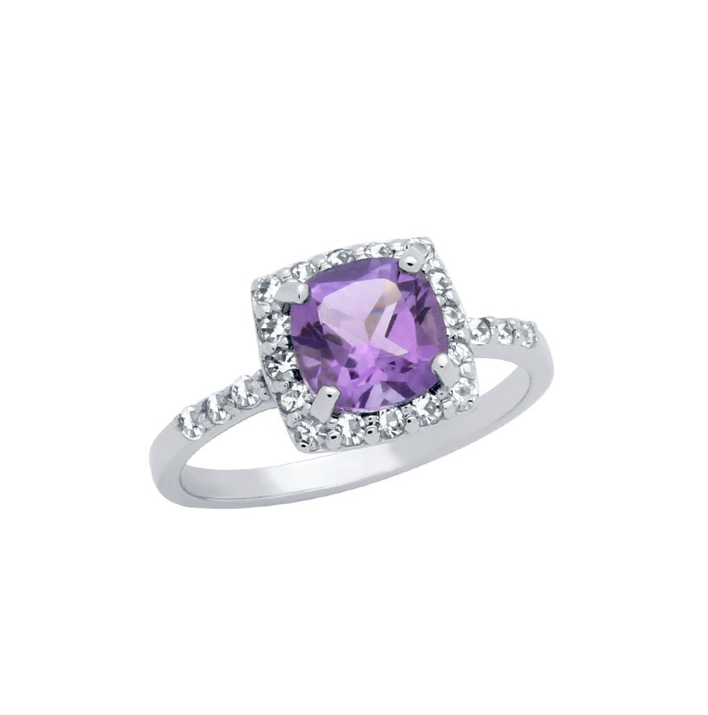 .925 Sterling Silver Cushion-cut Genuine Amethyst Ring With White Topaz Halo, <b>size: 6</b>