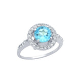 .925 Sterling Silver Round Brilliant-cut Genuine Swiss Blue Topaz Ring With White Topaz Halo, <b>size: 6</b>