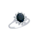 .925 Sterling Silver Oval-cut Genuine Dark Blue Sapphire Ring With White Topaz "cluster Flower" Halo, <b>size: 6</b>