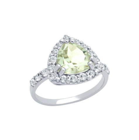 .925 Sterling Silver Trilliant-cut Genuine Green Amethyst Ring With White Topaz Halo, <b>size: 6</b>