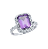 .925 Sterling Silver Emerald-cut Genuine Amethyst Ring With Large White Topaz Halo, <b>size: 6</b>