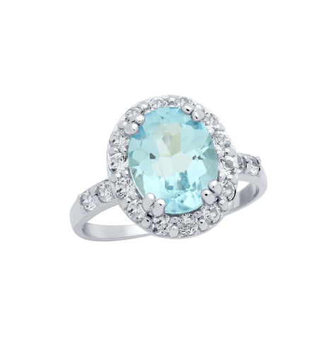 .925 Sterling Silver Oval-cut Genuine Sky Blue Topaz Ring With Large White Topaz Halo, <b>size: 6</b>