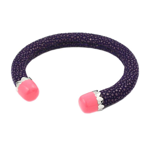 .925 Sterling Silver Stingray Purple Cuff Bracelet With Pink Enamel Ends