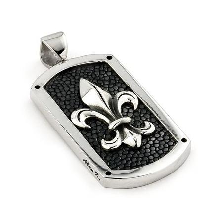 .925 Sterling Silver Hematite Stingray Leather Fleur De Lis Dog Tag Pendant