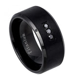 Matte Finish Center, High Polished Beveled Edge Black-ip Titanium Ring With Three 0.07 Ctw Diamonds Black - 10mm, <b>size: 10</b>