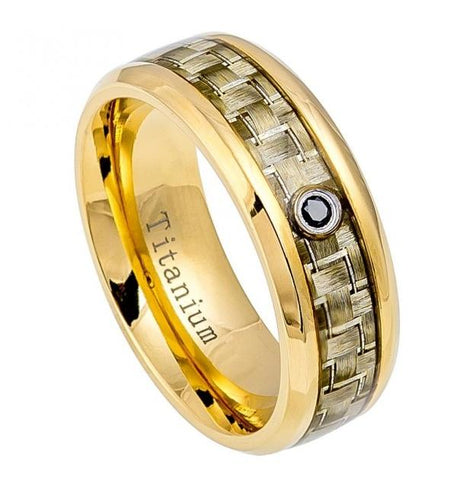 High Polished Yellow Gold Ip Titanium Ring With Golden Carbon Fiber Inlay & 0.07 Ctw Black Diamond Center - 8mm, <b>size: 10</b>