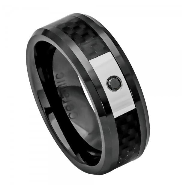 Black Ceramic Ring 0.07 Ctw Black Diamond Center Stone; With Black Carbon Fiber Inlay Beveled Edge 8mm, <b>size: 10</b>