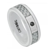 White Ceramic Ring 0.07 Ctw Black Diamond Center Stone; With Grey Carbon Fiber Inlay Beveled Edge 8mm, <b>size: 10</b>