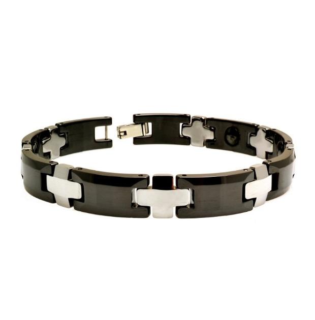 Two Tone Black Ceramic H Link & Cross Stainless Steel With Magnetic Ion Bracelet