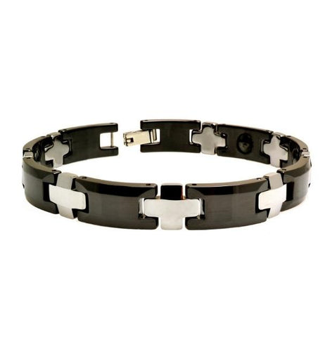 Two Tone Black Ceramic H Link & Cross Stainless Steel With Magnetic Ion Bracelet