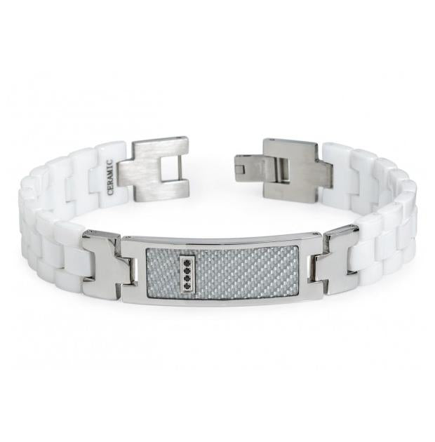 White Ceramic Id Bracelet With 4 Black Cz Over White Carbon Fiber Inlay