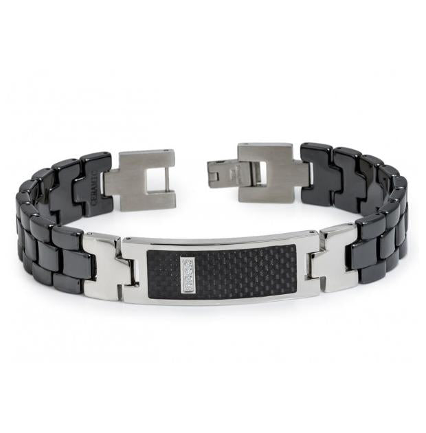 Black Ceramic Id Bracelet With 4 White Cz Over Black Carbon Fiber Inlay