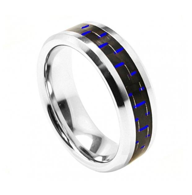 Cobalt Ring High Polished Beveled Edge With Blue Carbon Fiber Inlay 8mm, <b>size: 10</b>