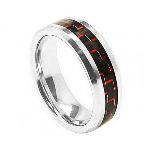 Cobalt Ring High Polished Beveled Edge With Red Carbon Fiber Inlay 8mm, <b>size: 10</b>