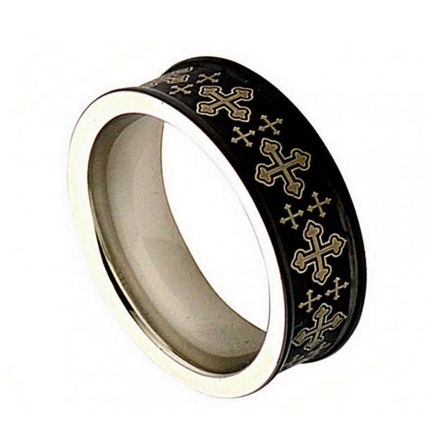 Laser Engraved Alternating Big & Small Cross Pattern On Black Enamel Plated Matte Finish With High Polish Interior & Edge 8mm, <b>size: 10</b>