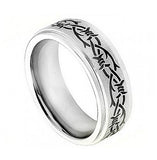 Cobalt Ring Brushed Center With Laser Engraved Barbed Wire Design, Stepped High Polished Edge 8mm, <b>size: 10</b>